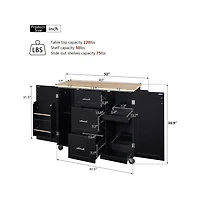 Maison Boucle 50" Rolling Kitchen Island with Rubber Wood Top, Slide-Out Shelves, 3 Drawers & Internal Storage Racks-Maison
