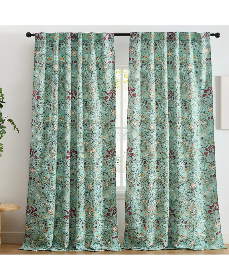 Hlc.me Florence Floral & Birds Patterned Window Back Tab Rod Pocket Curtains Bedroom - Light Blocking Darkening Window Panels