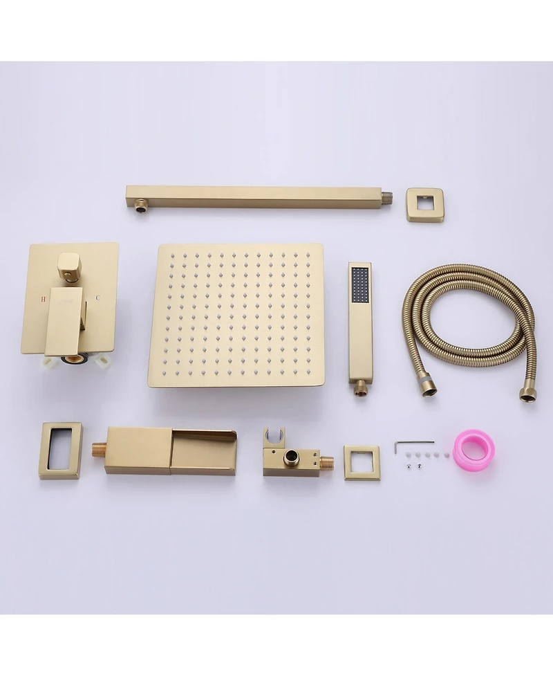 Greenspring Waterfall Spout Single Handle 3-Spray Square High Pressure Tub and Shower Faucet Brushed Nickel (Valve Included)