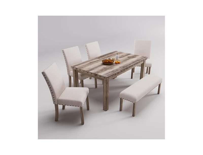 Dining Table Set for 6, 6 Piece Farmhouse Dining Set, Country Style Kitchen Table, 4 Upholstered Chairs & Bench