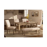 Dining Table Set for 6, 6 Piece Farmhouse Dining Set, Country Style Kitchen Table, 4 Upholstered Chairs & Bench