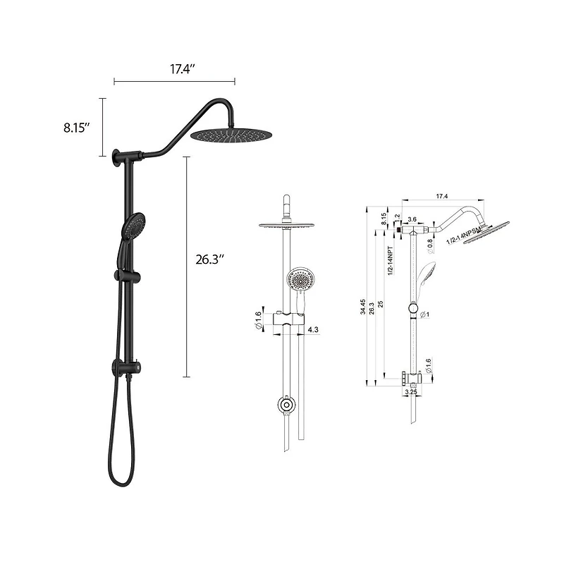 Rainsken 10 Inch Shower System with 5 Function Rain Hand Shower, 26.3" Slide Bar Shower Head Combo, Matte Black