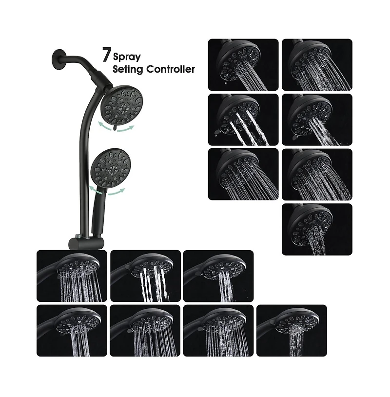 Rainsken Drill-Free Stainless Steel Slide Bar Combo Rain Showerhead 7-Setting Hand, Dual Shower Head Spa System