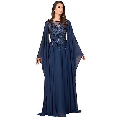 Lara Chiffon A - line Long Gown with Cape Sleeves