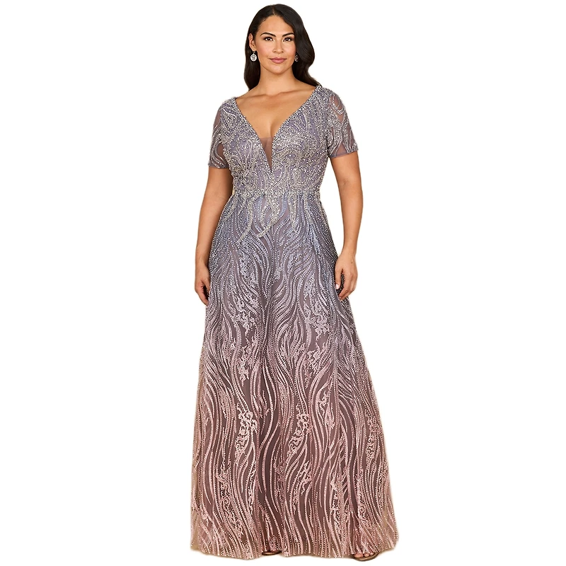 Lara Women's 28961 - Short Sleeve V-Neck Beaded Ballgown