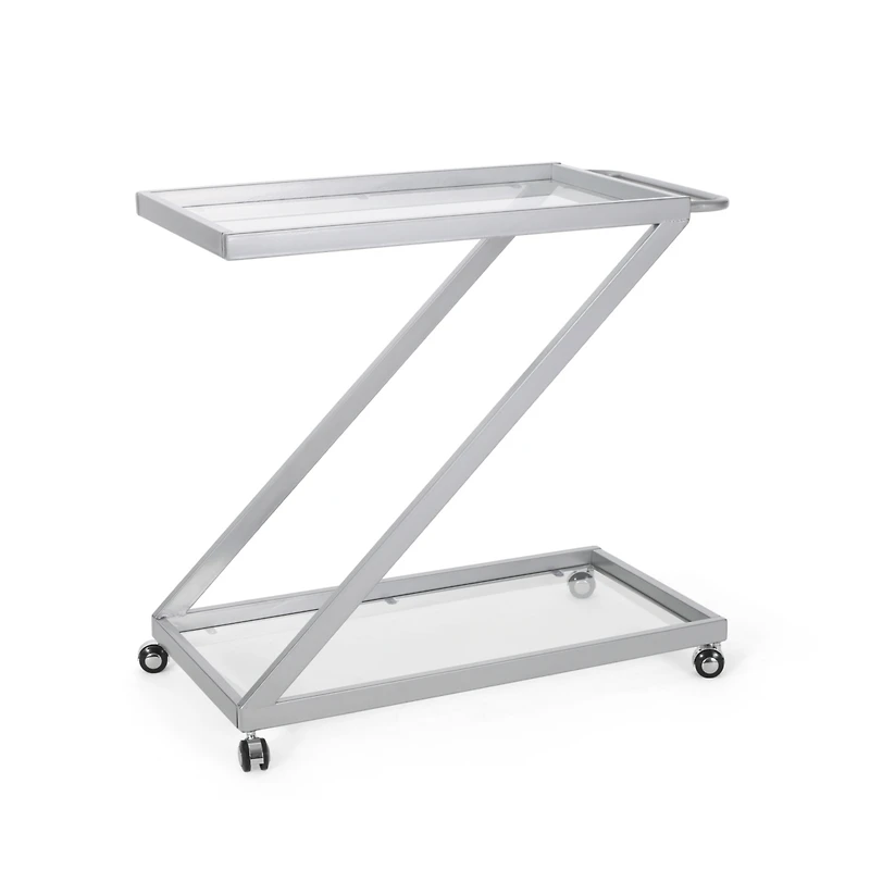 Simplie Fun Modern Z-Shaped Bar Cart with Tempered Glass Shelves and Locking Casters