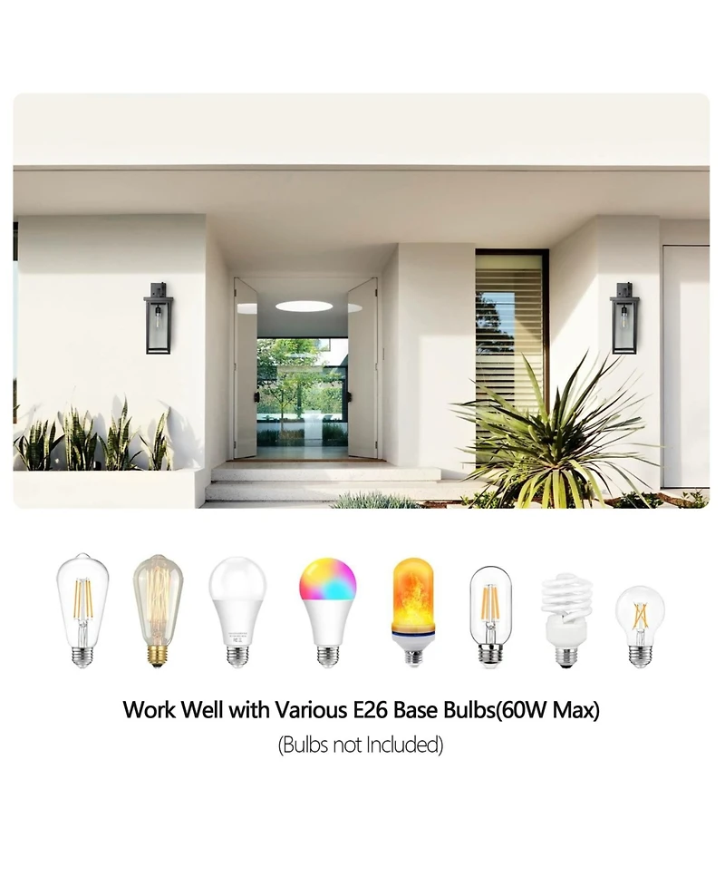 Streamdale Modern Wall Lanterns, Black Metal, Ambient Sensors, Weatherproof Wall Sconces (Set of 2)