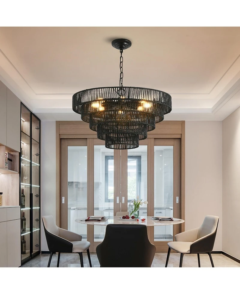 Streamdale Furniture Rustic 5-Tier Hemp Rope Chandelier with 8 Sockets, Hardwired Pendant