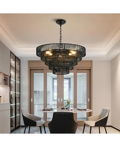 Streamdale Furniture Rustic 5-Tier Hemp Rope Chandelier with 8 Sockets, Hardwired Pendant