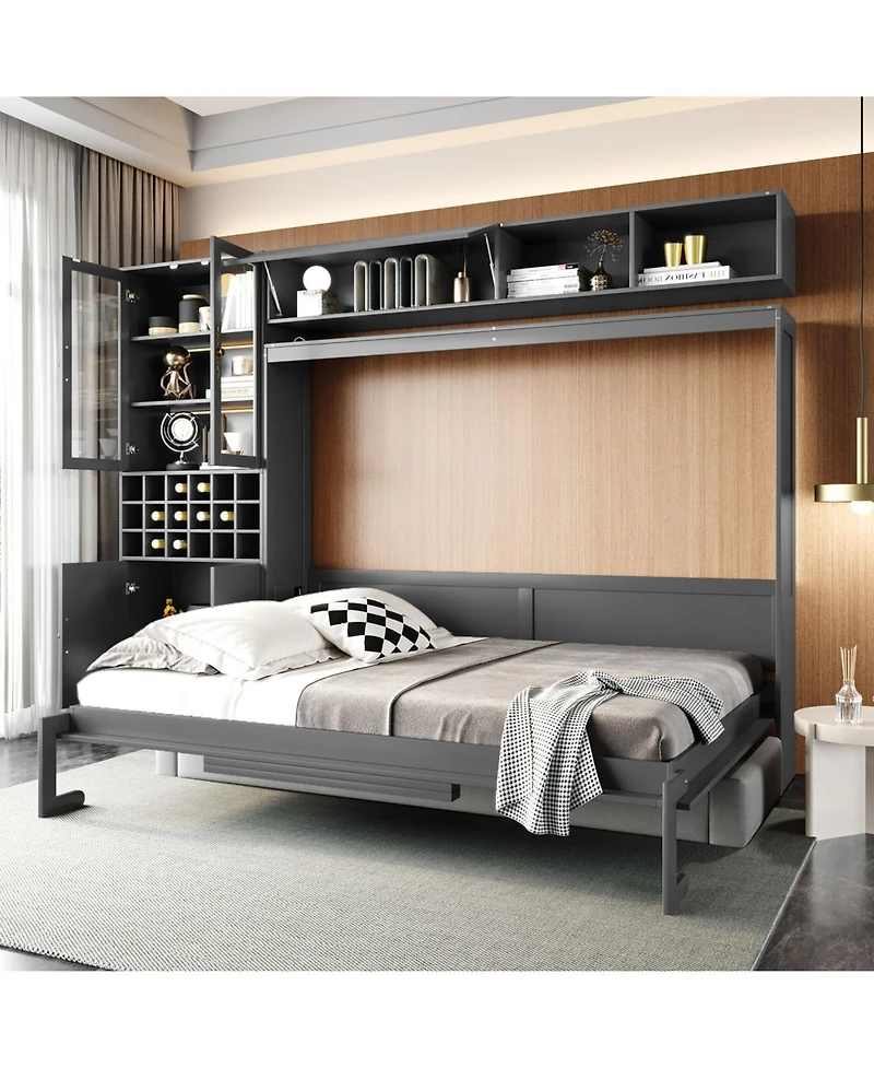 Streamdale Furniture Queen Size Murphy Bed Wall Bed with Sofa Shelves Usb & Light