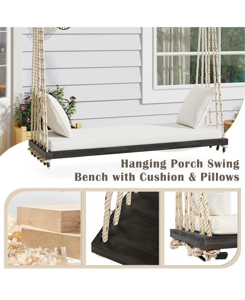 Streamdale Furniture Patio Wooden Swing Chair with Cushion & Ropes