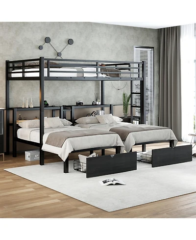Streamdale Furniture Full Xl/Twin/Twin Triple Bunk Bed with Drawers & Usb Black
