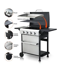 Streamdale Furniture 4-Burner Propane Bbq Grill Ss Plancha Foldable Side Table