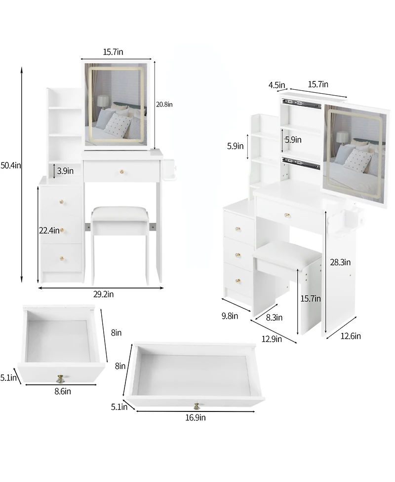 Streamdale Furniture Led Mirror Vanity Table with Stool & Power