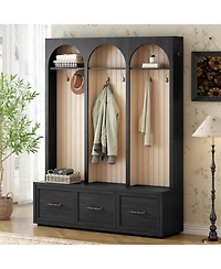 Streamdale Furniture Farmhouse Hall Tree: 59" Entry Bench, 8 Hooks, 3 Drawers, Black