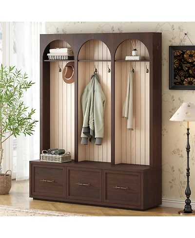 Streamdale Farmhouse Hall Tree Bench, 59" Wide, 8 Hooks, 3 Drawers, Dark Walnut