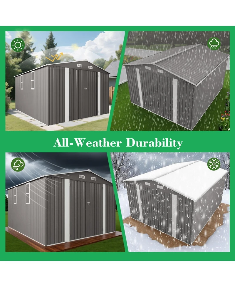 Streamdale Furniture 10x12FT Metal Garden Storage Shed, Double Door, Window, Waterproof - Grey