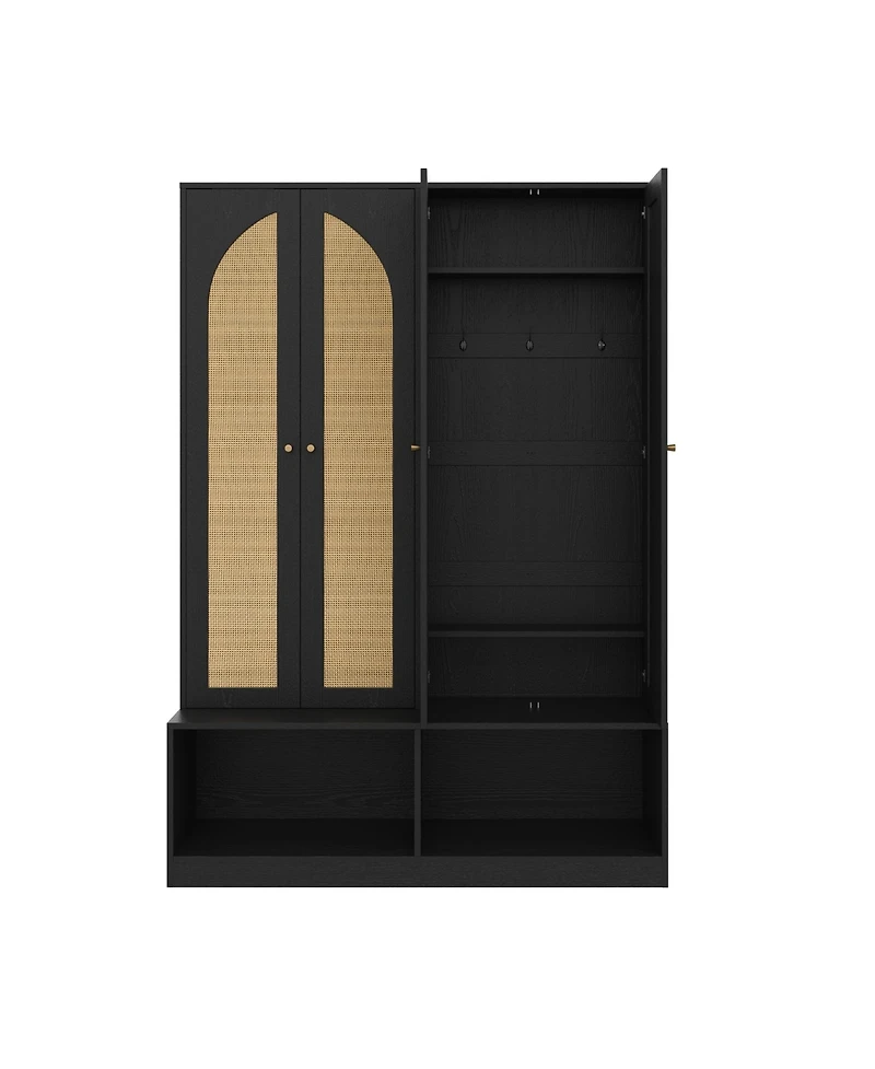 Streamdale Farmhouse Hall Tree: Rattan Doors, Bench, Hooks, Shoe Cabinet - Black, 55.1"W