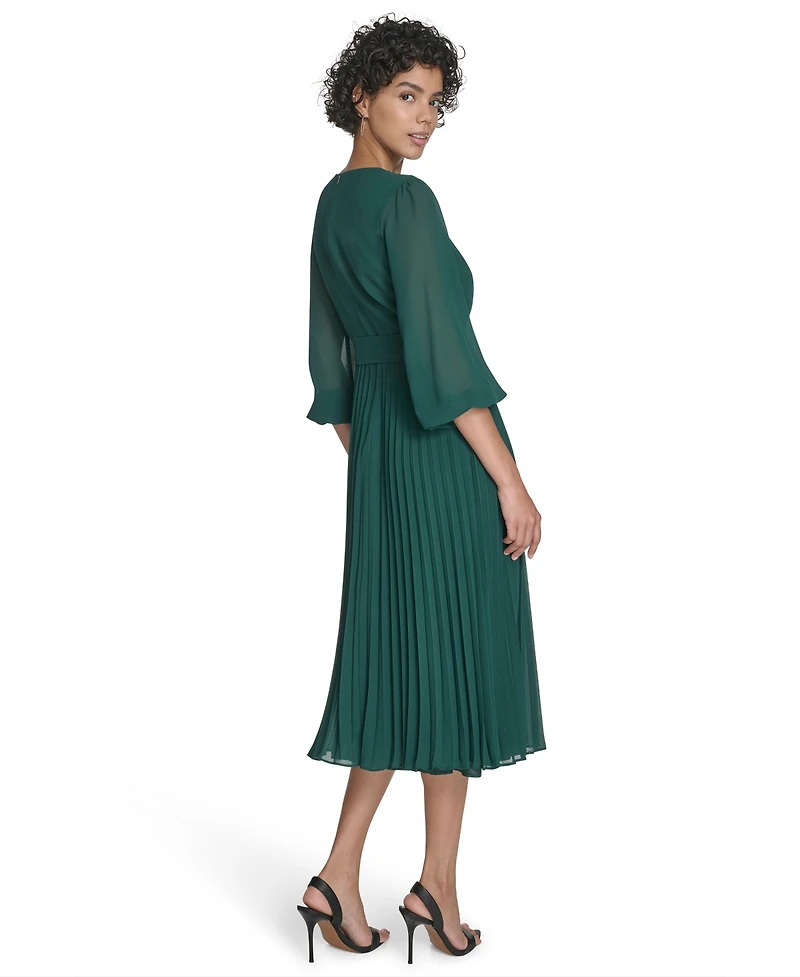Jessica Howard Petite Balloon Sleeve Shirred Neck Pleated Skirt Belted Midi Dress
