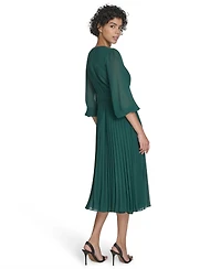 Jessica Howard Petite Balloon Sleeve Shirred Neck Pleated Skirt Belted Midi Dress