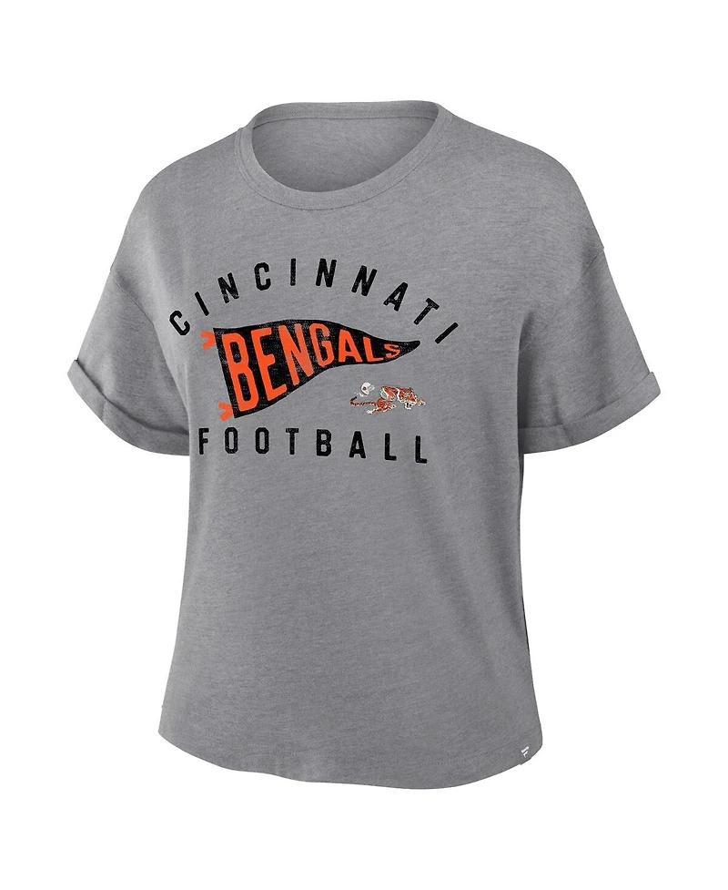 Fanatics Women's Heather Gray Cincinnati Bengals Pennant Wave Tribute Tri-Blend Boxy T-Shirt