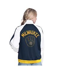 G-iii Sports by Carl Banks Women's White/Navy Milwaukee Brewers Rally Rhinestone Raglan Full-Zip Track Jacket