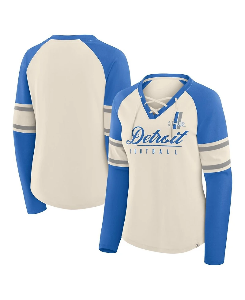 Fanatics Women's Cream/Blue Detroit Lions Hometown Gridiron Hero Raglan Lace-Up V-Neck Long Sleeve T-Shirt