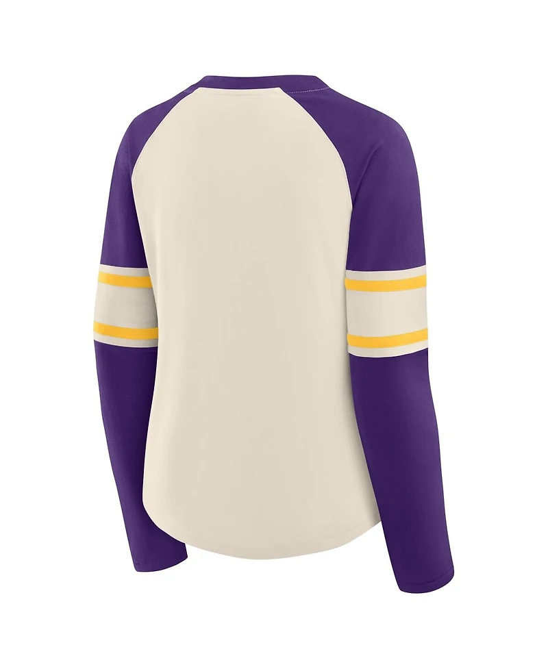 Fanatics Women's Cream/Purple Minnesota Vikings Hometown Gridiron Hero Raglan Lace-Up V-Neck Long Sleeve T-Shirt