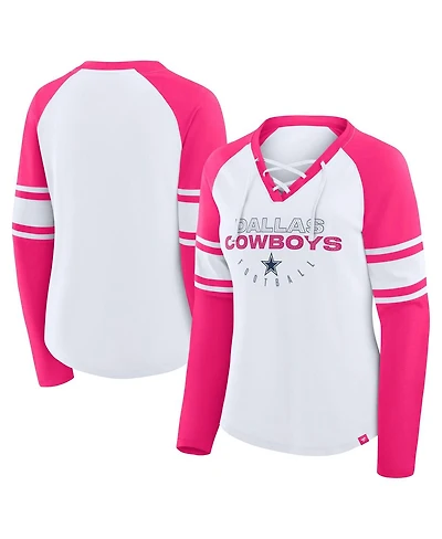 Fanatics Women's White/Pink Dallas Cowboys Redzone Rhinestone Bling Lace Up Long Sleeve T-shirt