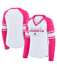 Fanatics Women's White/Pink Dallas Cowboys Redzone Rhinestone Bling Lace Up Long Sleeve T-shirt