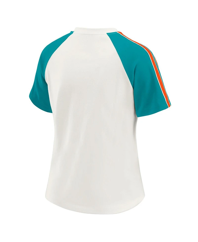 Wear by Erin Andrews Women's White Miami Dolphins Sleeve Stripe Distressed Raglan T-Shirt