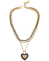 Guess Glass Stone Gold-Tone Triple Layered Crystal Heart Charm Necklace