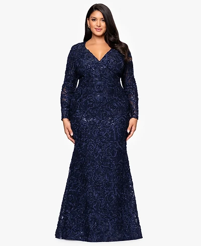 Xscape Plus Lace Detail V-Neck Maxi Dress