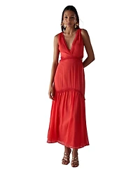 Warehouse Women's Chiffon Fringe Trim Cut Out Maxi Dress