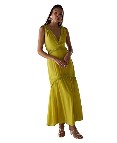 Warehouse Women's Chiffon Fringe Trim Cut Out Maxi Dress