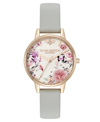 Olivia Burton Women's Illustrated Floral Earl Gray Calfskin Leather Strap Watch, 30mm
