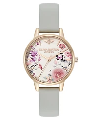 Olivia Burton Women's Illustrated Floral Earl Gray Calfskin Leather Strap Watch, 30mm