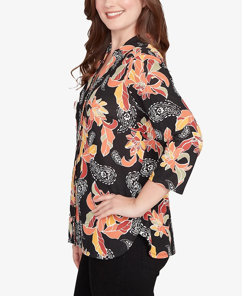 Ruby Rd. Petite Shirt Collar Floral Paisley Button Front Top