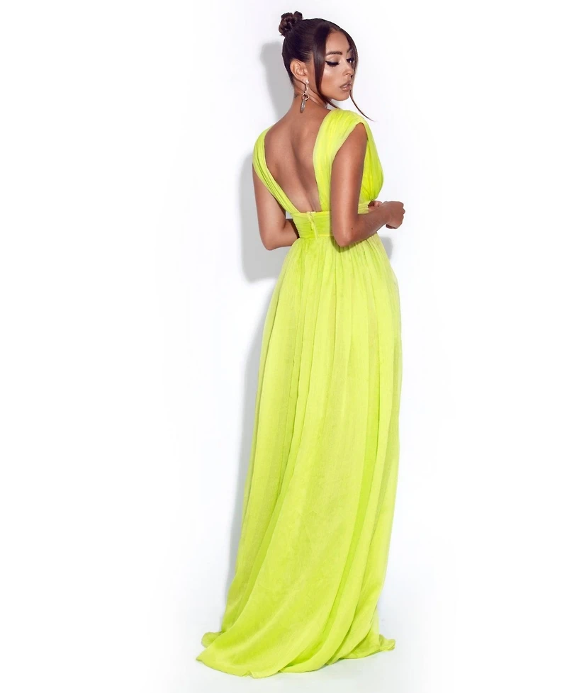 Miss Circle Women Valley Of Angels Lime Chiffon Pleated High Slit Maxi Dress