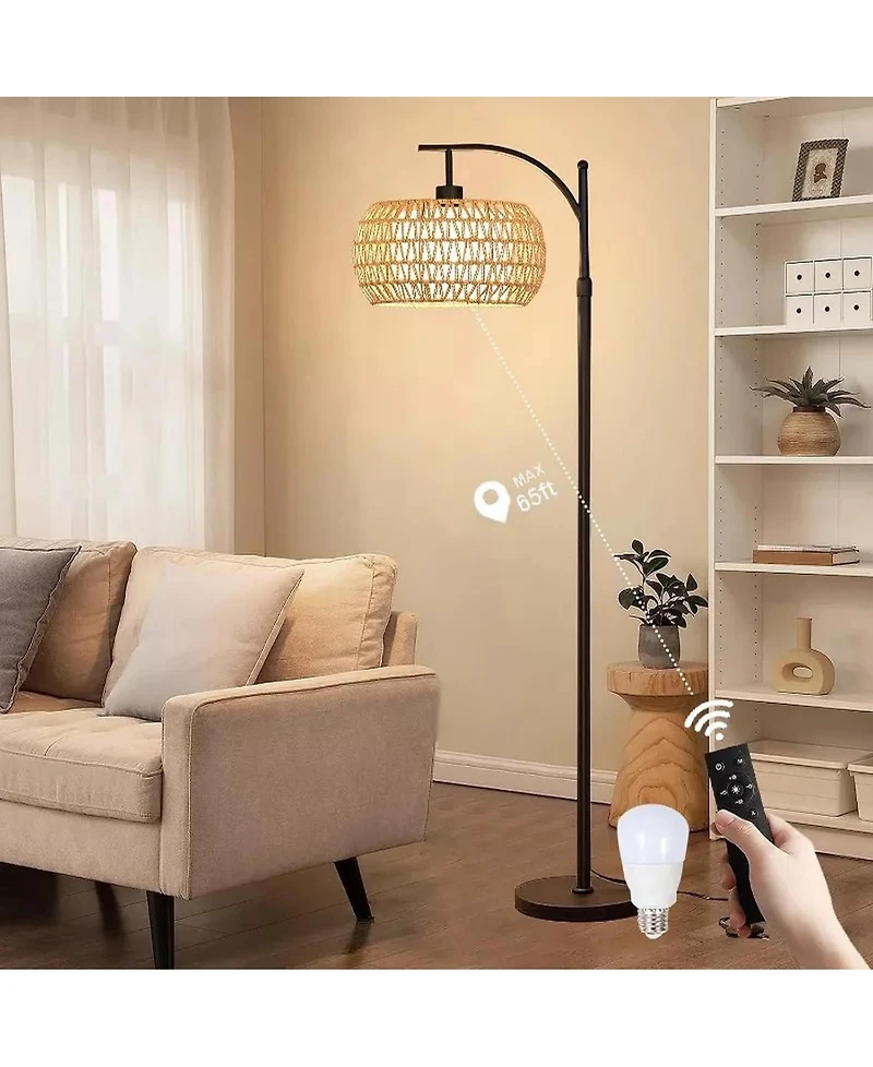 Sugift Dimmable Boho Floor Lamp with Rattan & Linen Drum Shade – Remote & Footswitch Control