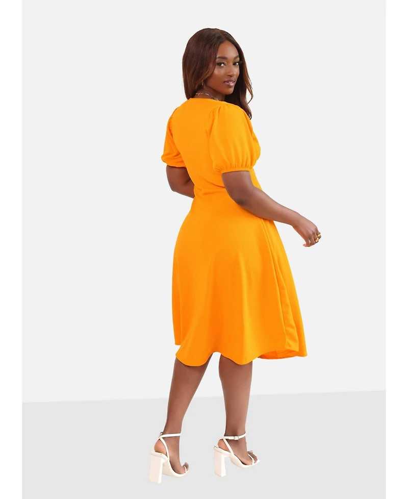 Rebdolls Women's Puff Sleeve A Line Midi Dress w. Pockets