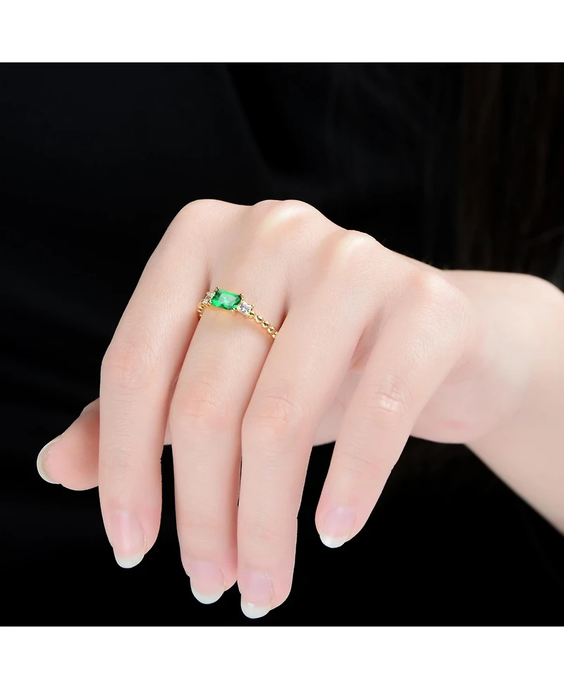 Rachel Glauber 14K Gold Plated with Green & Clear Cubic Zirconia Three Stone Ring