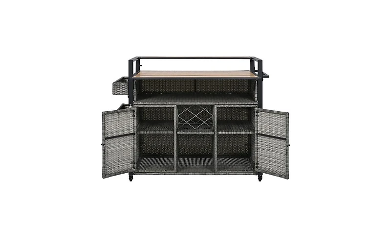 Slickblue Wicker Outdoor Grill Cart with Extended Table Top and Storage Cabinet