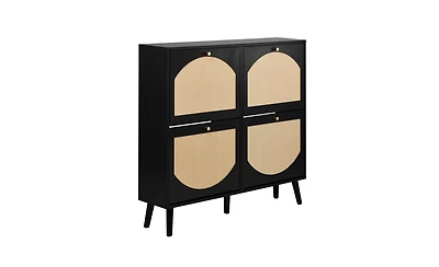 Slickblue 2 Rows of 4 Dump Buckets Shoe Cabinet with Frame High Legs and Wood Rattan Surface