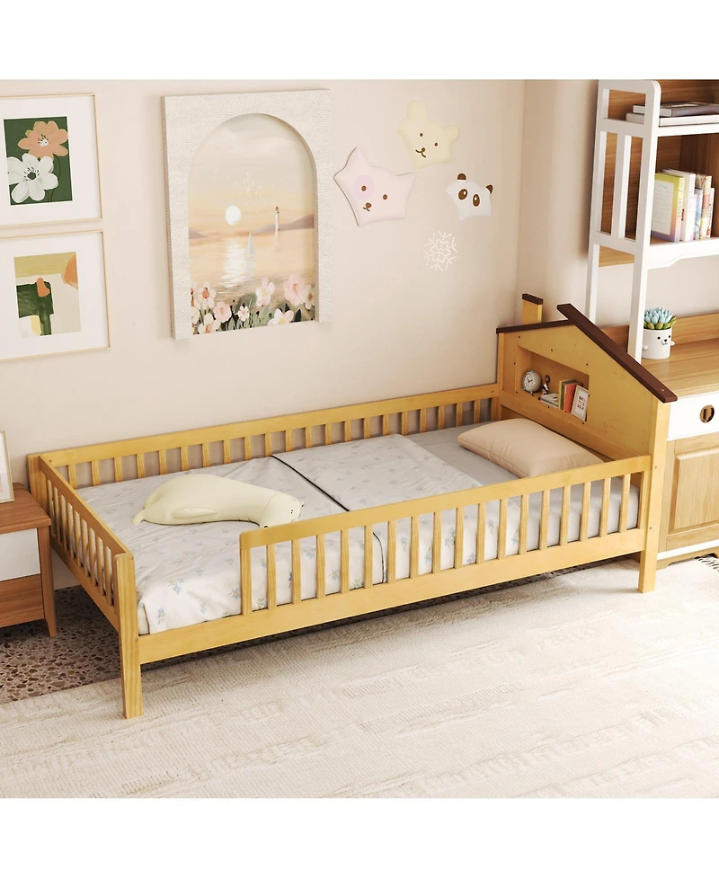 Gymax Twin Kids Bed Solid Wood Platform w/ Under-bed Storage & Cube