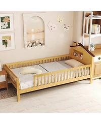 Gymax Twin Kids Bed Solid Wood Platform w/ Under-bed Storage & Cube