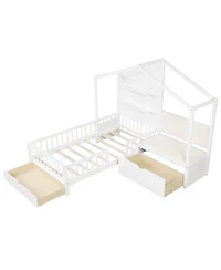 Gymax Twin Size House Bed Kids Platform Bed w/ Padded Bench & Floating Shelves