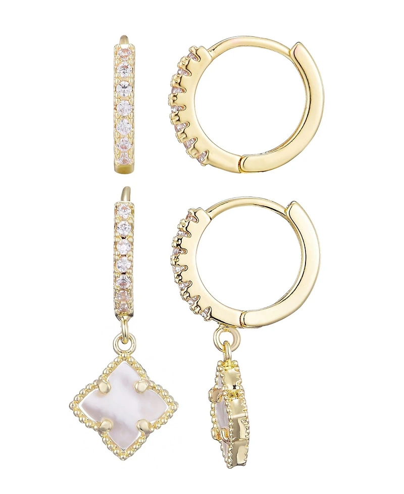Adornia Gold Cubic Zirconia Mother of Pearl Clover Huggie Set