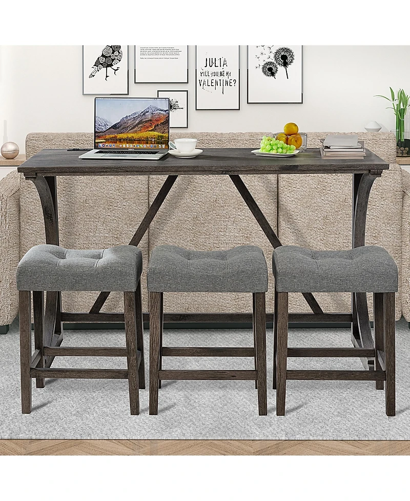 Casainc 4 Piece Bar Table Set with Power Outlet and 3 Padded Stools for Dining or Living Room