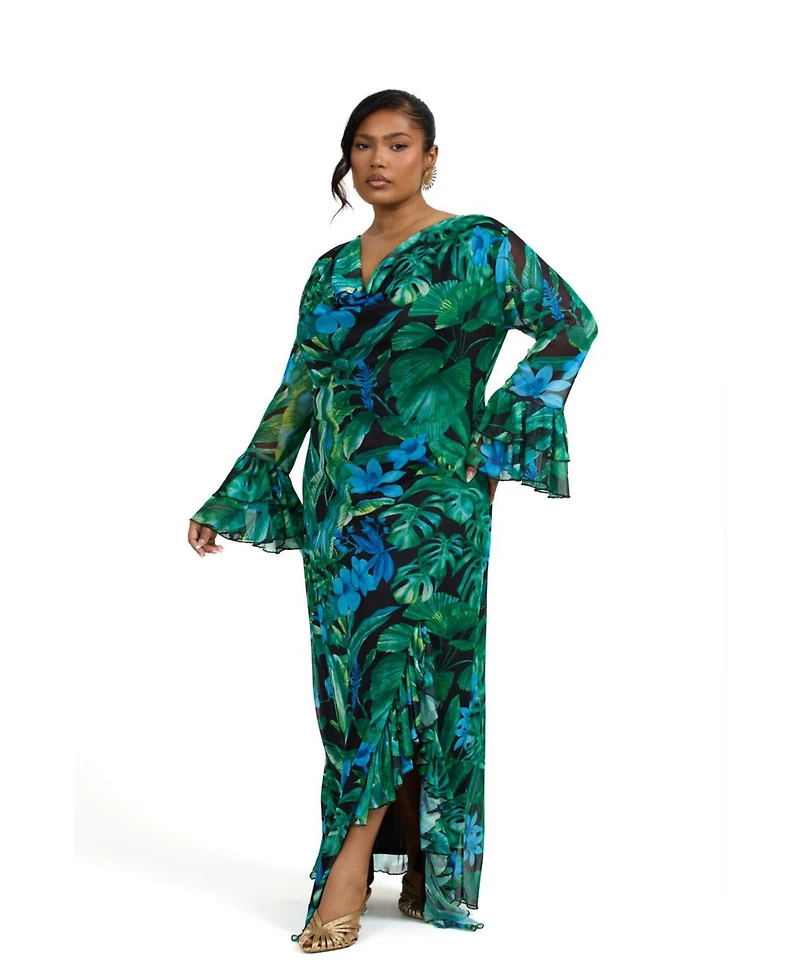 Fashion-szn Curve Ruffle Cowl Neck Palm Print Maxi Dress
